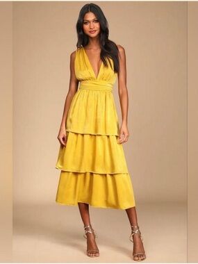 Lulu's Golden Yellow Tiered V-Neck Midi Dress